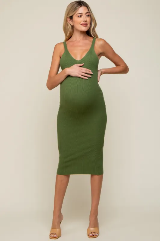 Olive Sleeveless V-Neck Maternity Sweater Dress sold by Pinkblush