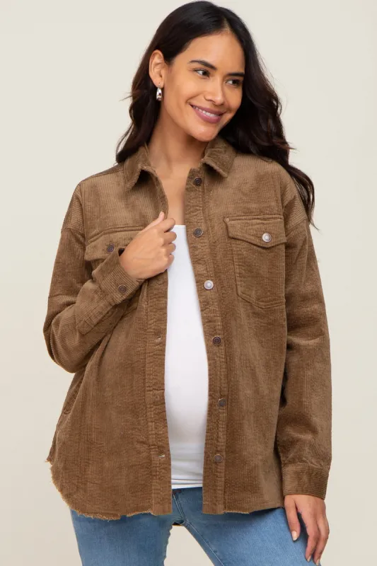 Brown Corduroy Raw Hem Maternity Shacket sold by Pinkblush