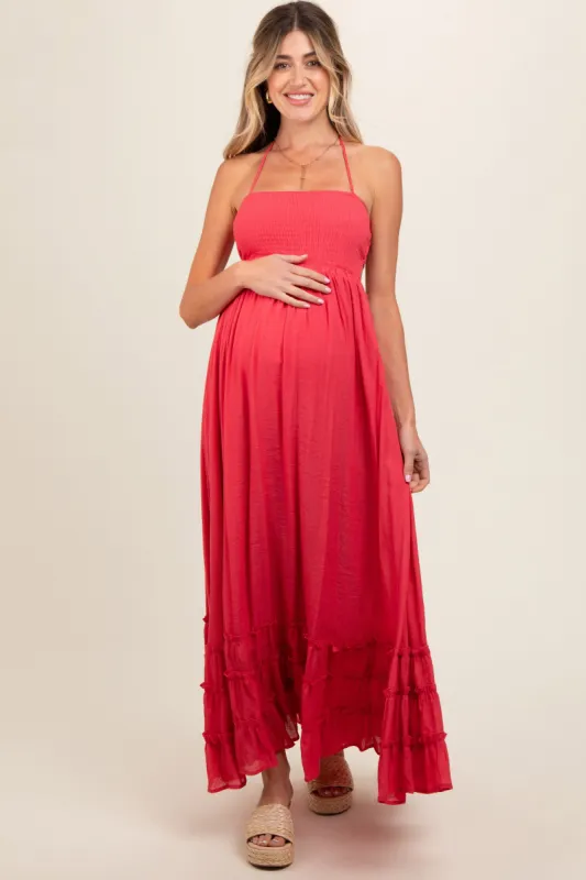 Coral Smocked Halter Cutout Maternity Maxi Dress sold by Pinkblush