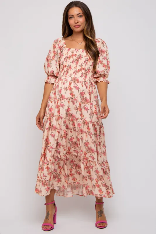 Peach Floral Smocked Tiered Maternity Maxi Dress sold by Pinkblush