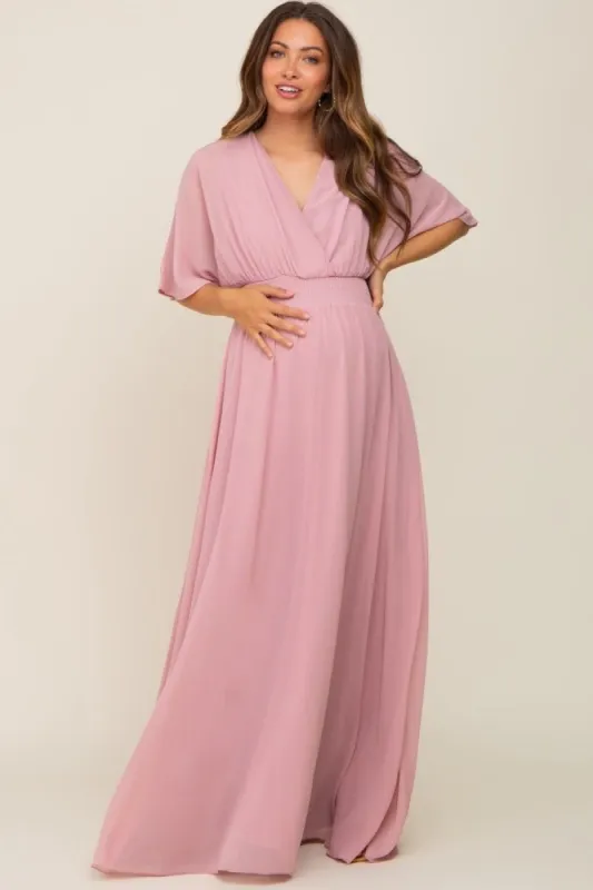 Pink Chiffon V-Neck Smocked Waist Maternity Maxi Dress sold by Pinkblush