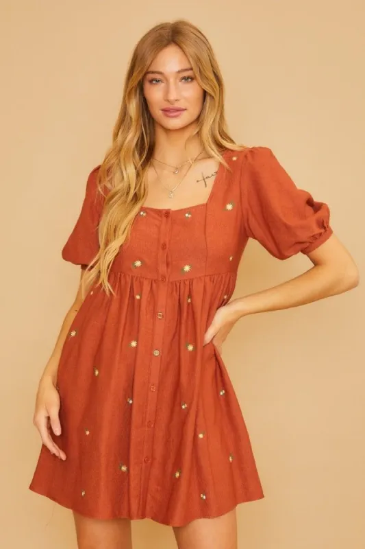 Rust Ribbed Button Front Flower Embroidered Dress sold by Pinkblush