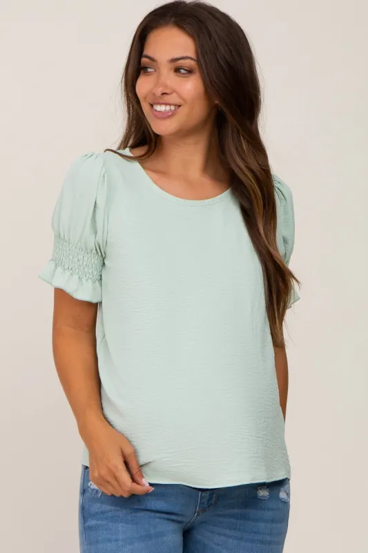 Mint Green Smocked Puff Sleeve Maternity Blouse sold by Pinkblush