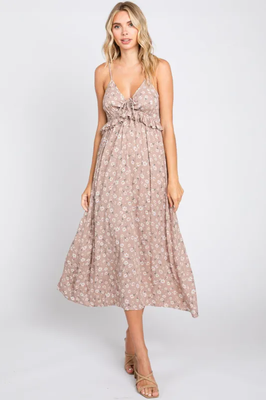 Mocha Daisy Floral Front Tie Ruffle Waist Midi Dress sold by Pinkblush