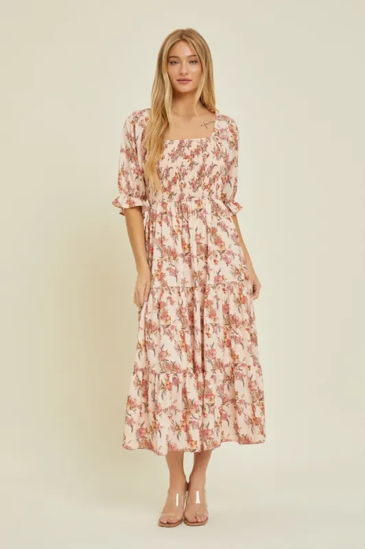Peach Floral Smocked Tiered Maxi Dress sold by Pinkblush