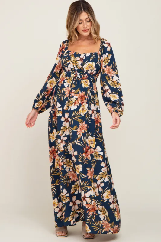 Navy Tropical Floral Maternity Maxi Dress sold by Pinkblush
