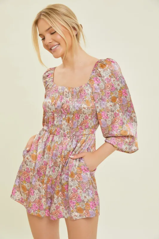 Taupe Multi Floral Print Smocked Bodice Romper sold by Pinkblush