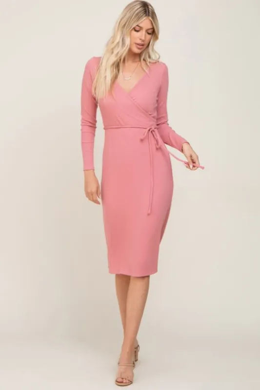 Pink Rib Knit Long Sleeve Wrap Midi Dress sold by Pinkblush