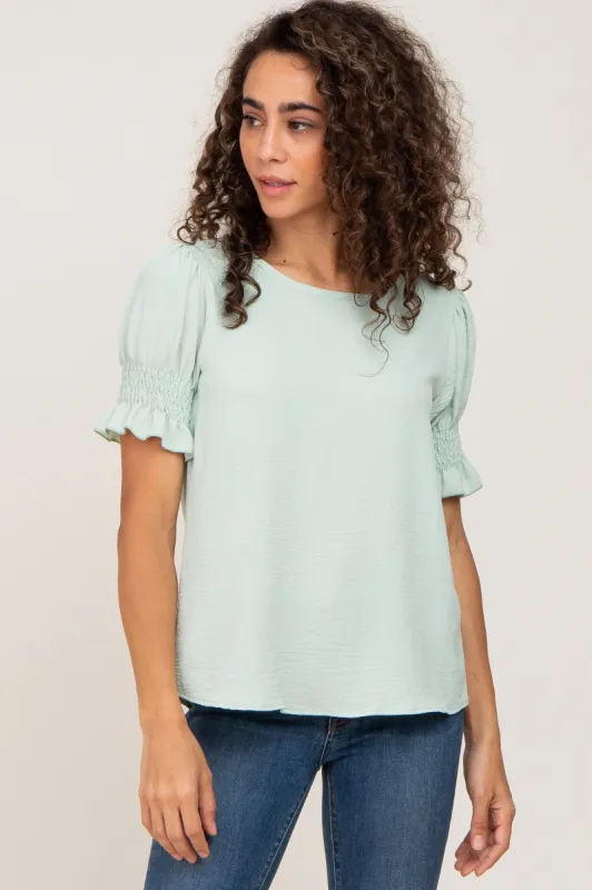Mint Green Smocked Puff Sleeve Blouse sold by Pinkblush