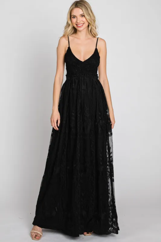 Black Crochet Lace Open Back Maxi Dress sold by Pinkblush