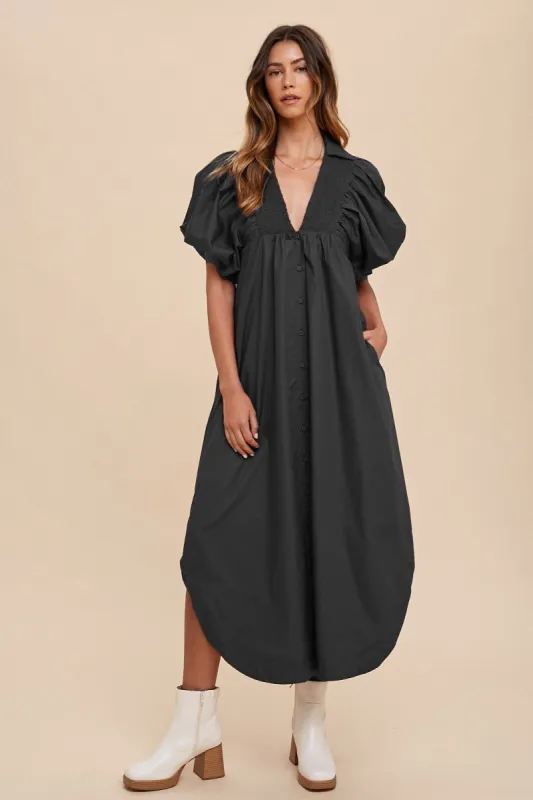 Charcoal Smock Detail Puff Sleeve Midi Dress sold by Pinkblush