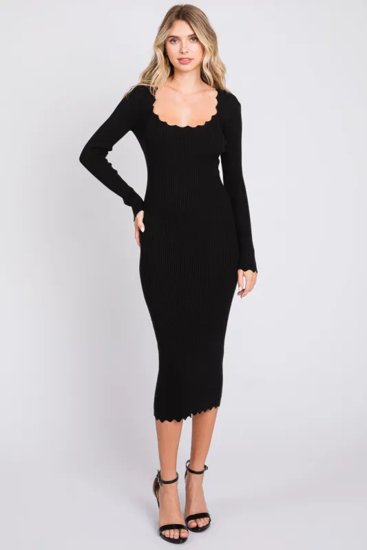 Black Ribbed Scallop Hem Long Sleeve Midi Dress sold by Pinkblush