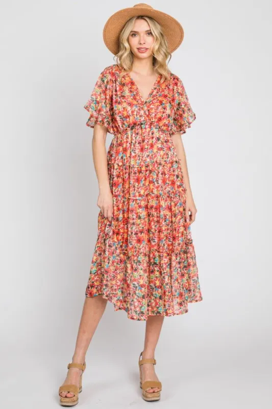 Orange Metallic Striped Chiffon Ruffle Tiered Midi Dress sold by Pinkblush