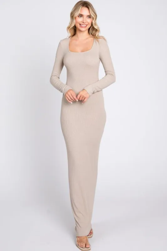 Taupe Ribbed Long Sleeve Square Neck Maxi Dress sold by Pinkblush
