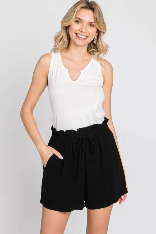 Black Linen Smocked Waist Shorts sold by Pinkblush