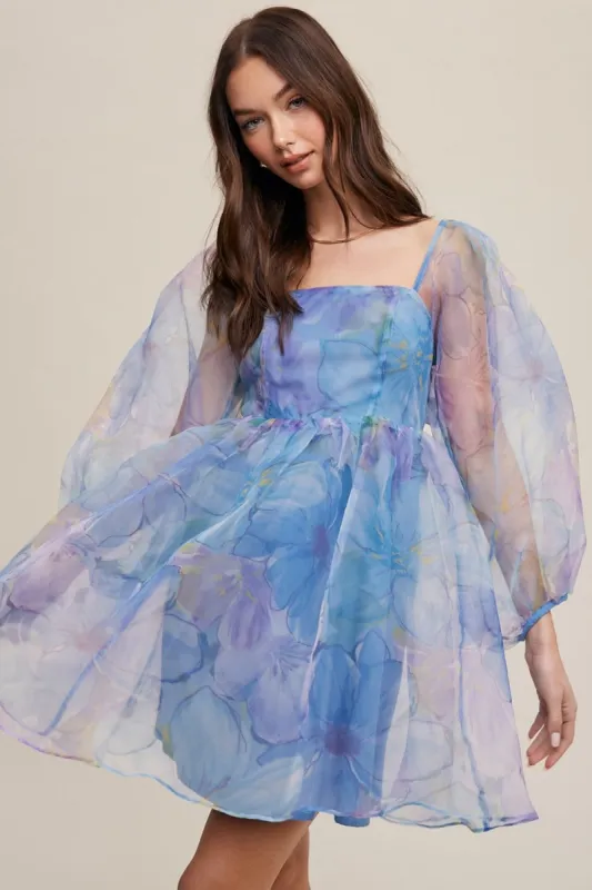 Blue Flower Print Organza Baby Doll Mini Dress sold by Pinkblush