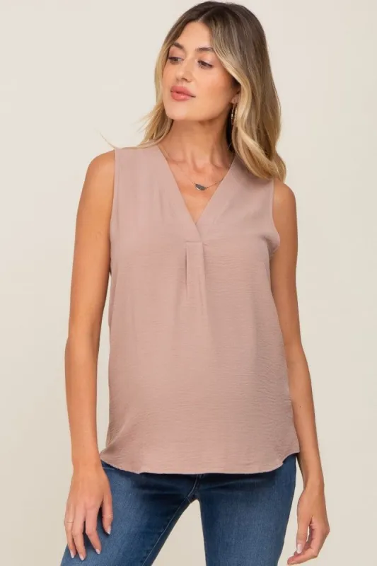 Light Mocha Solid V-Neck Sleeveless Maternity Top sold by Pinkblush