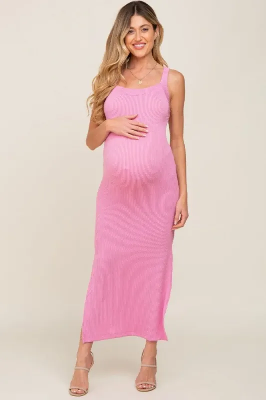 Pink Rib Knit Side Slit Maternity Maxi Dress sold by Pinkblush