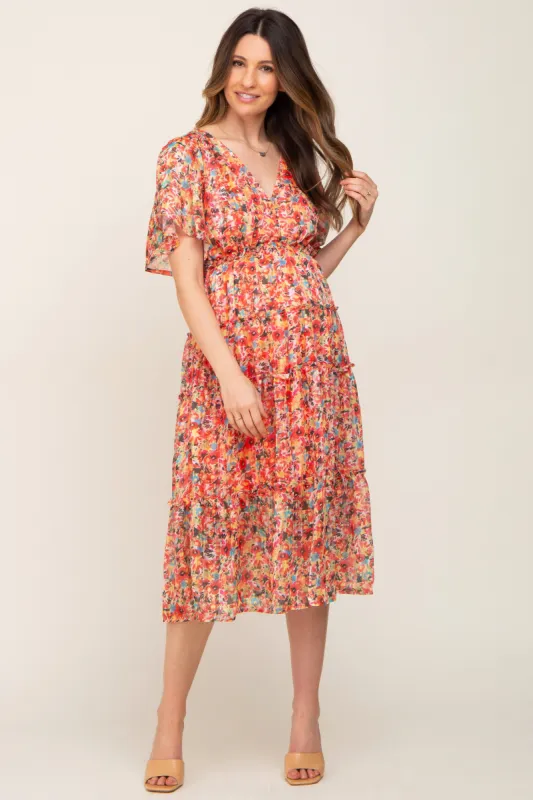 Orange Metallic Striped Chiffon Ruffle Tiered Maternity Midi Dress sold by Pinkblush