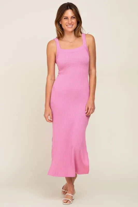 Pink Rib Knit Side Slit Maxi Dress sold by Pinkblush