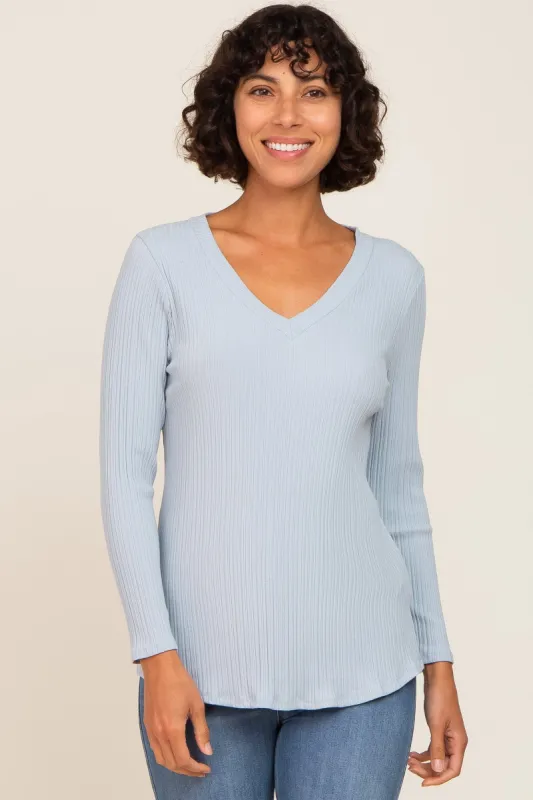 Light Blue Ribbed V-Neck Long Sleeve Top sold by Pinkblush