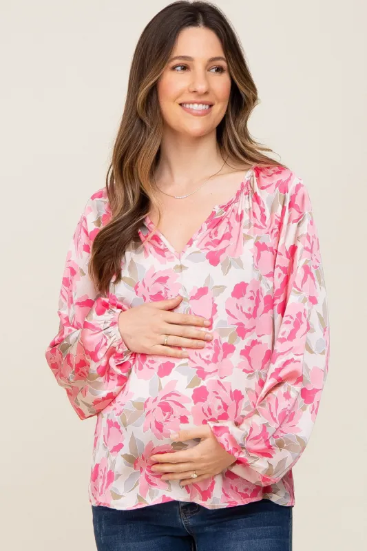 Beige Floral Satin Long Sleeve Maternity Top sold by Pinkblush