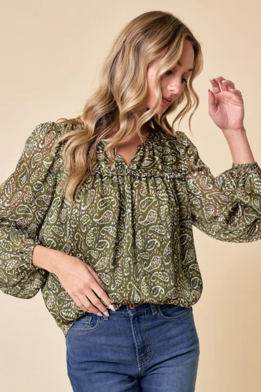 Olive Long Sleeve Paisley Printed Blouse sold by Pinkblush