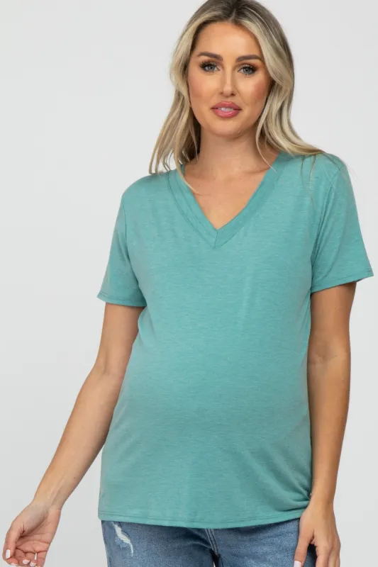 Mint Heathered V-Neck Maternity Top sold by Pinkblush