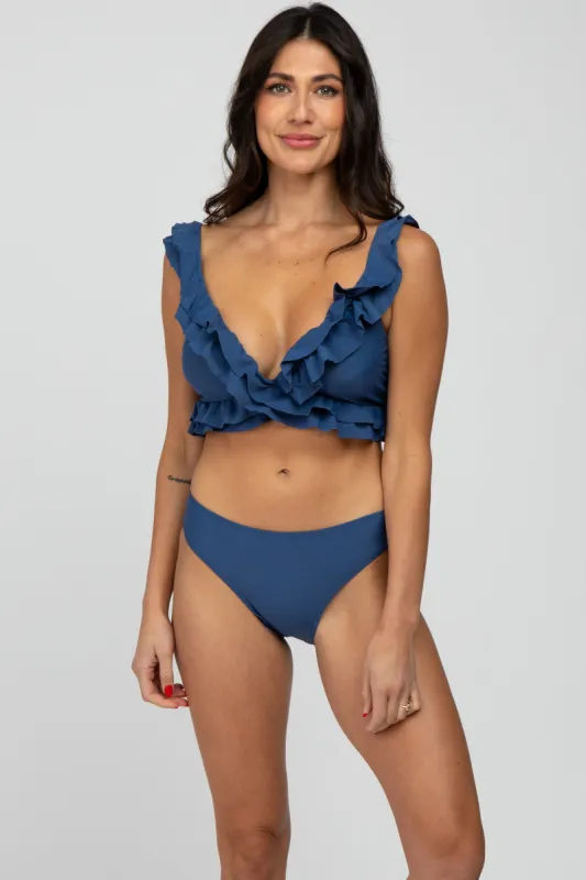 Blue Ruffle Accent Bikini Set sold by Pinkblush