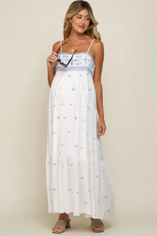 White Floral Embroidered Tiered Maternity Maxi Dress sold by Pinkblush