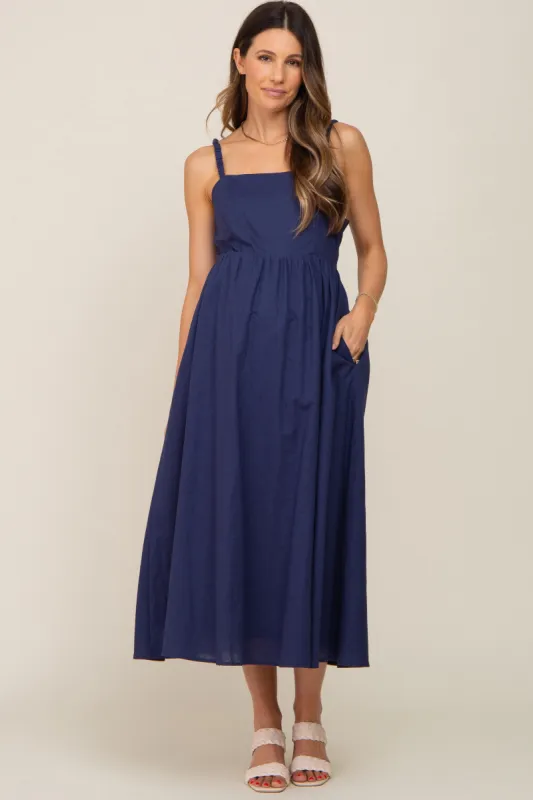 Navy Blue Linen Square Neck Lace-Up Back Maternity Midi Dress sold by Pinkblush