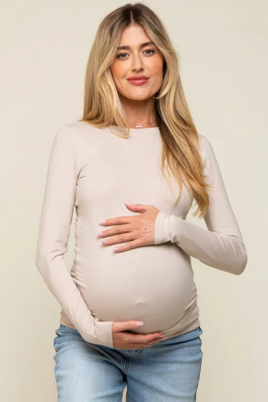 Beige Basic Long Sleeve Maternity Top sold by Pinkblush