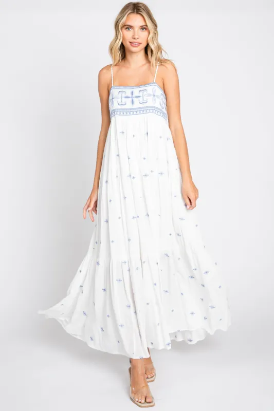 White Floral Embroidered Tiered Maxi Dress sold by Pinkblush