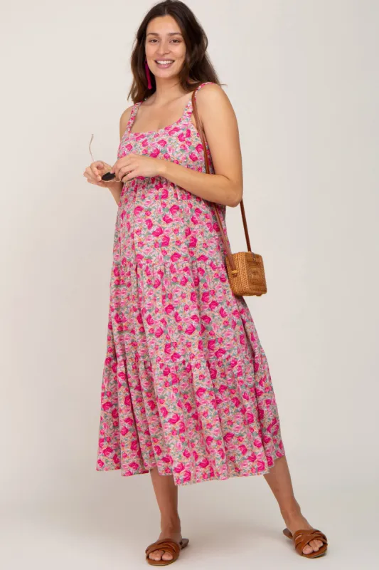 Fuchsia Floral Sleeveless Tiered Maternity Maxi Dress sold by Pinkblush