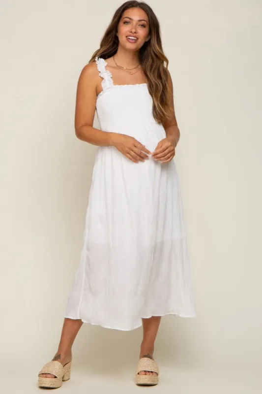 White Smocked Square Neck Maternity Midi Dres sold by Pinkblush