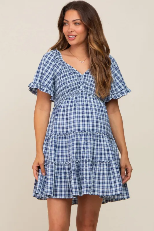 Navy Plaid Ruffle Tiered Maternity Dress sold by Pinkblush