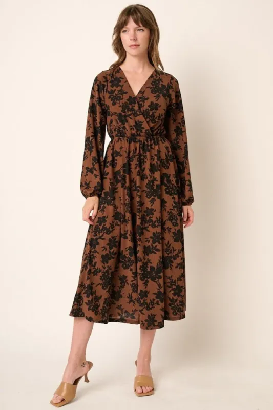 Mocha Flower Print Long Sleeve Surplice Midi Dress sold by Pinkblush
