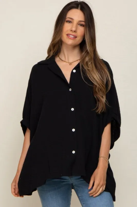 Black Gauze Double Layered Maternity Button Up Top sold by Pinkblush