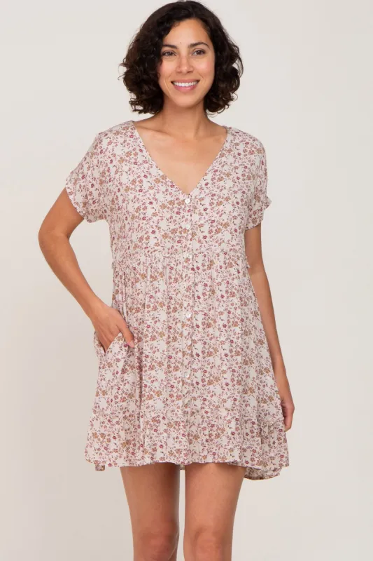 Taupe Floral Button Front Ruffle Hem Dress sold by Pinkblush