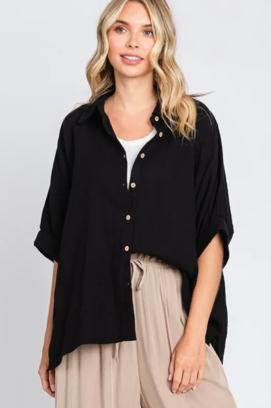 Black Gauze Double Layered Button Up Top sold by Pinkblush