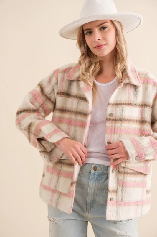Pink Taupe Brushed Plaid Collared Shirt Jacket sold by Pinkblush