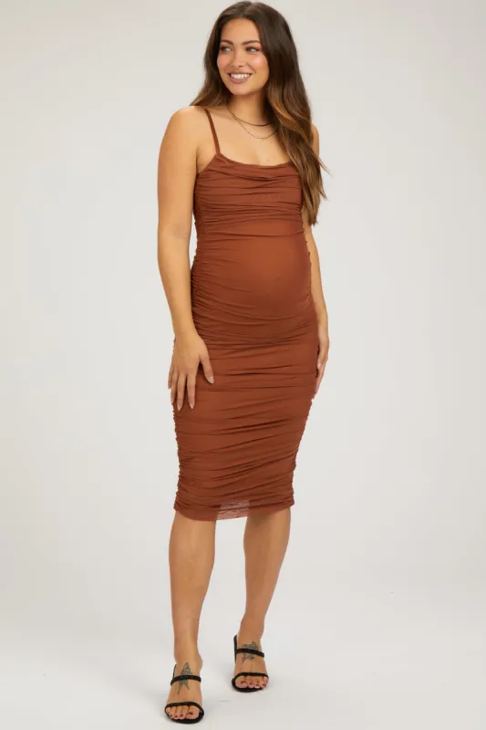 Rust Ruched Mesh Square Neck Maternity Midi Dress sold by Pinkblush