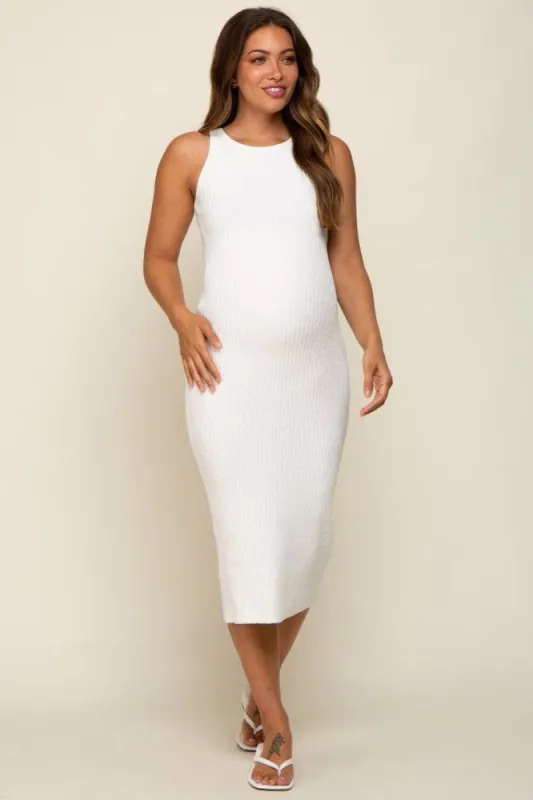 Ivory Sleeveless Ribbed Knit Fitted Maternity Midi Dress sold by Pinkblush