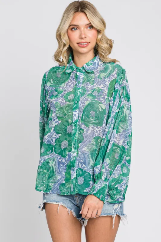 Green Floral Button Up Blouse sold by Pinkblush