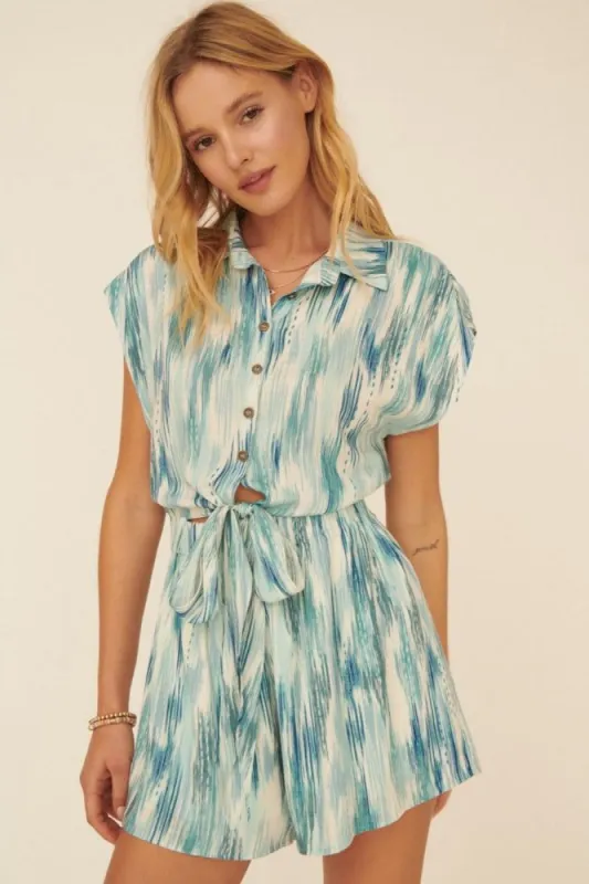 Blue Abstract Collared Button Front Self Tie Romper sold by Pinkblush