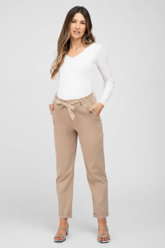 Beige Waist Tie Cuffed Maternity Pants made by Pinkblush