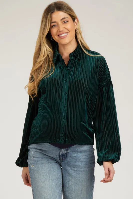 Forest Green Velvet Ribbed Collared Long Sleeve Maternity Blouse sold by Pinkblush