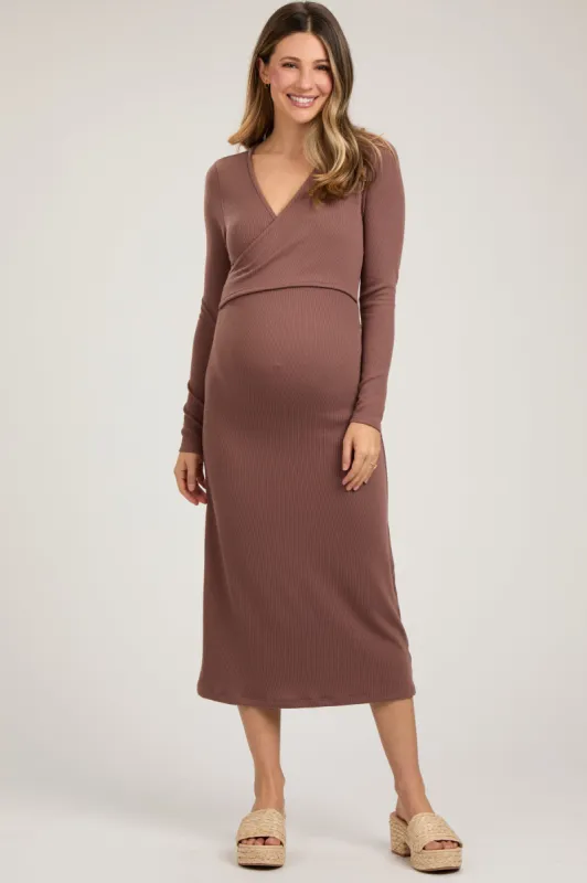 Brown Ribbed Long Sleeve Maternity Wrap Nursing Dress sold by Pinkblush