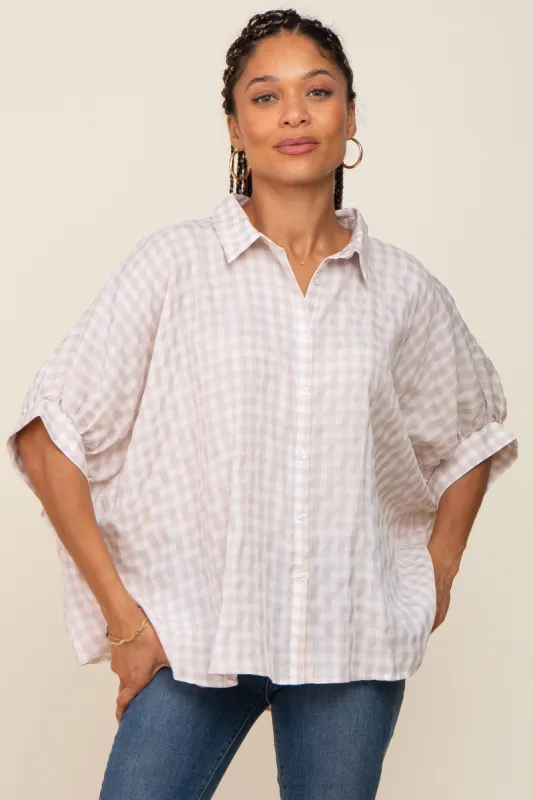 Beige Gingham Button Up Collared Boxy Top sold by Pinkblush