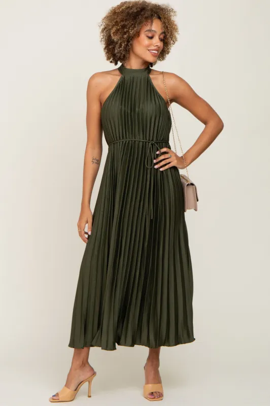 Olive Pleated Halter Dress sold by Pinkblush